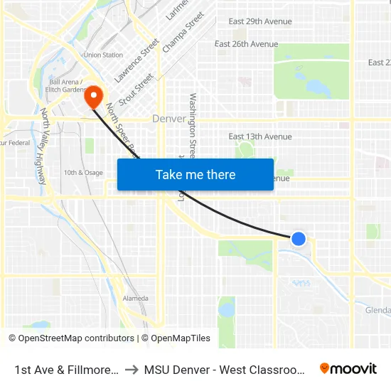 1st Ave & Fillmore Plaza to MSU Denver - West Classroom Building map