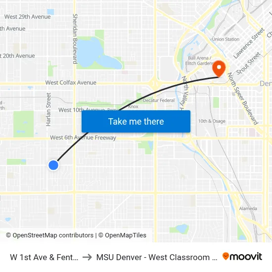 W 1st Ave & Fenton St to MSU Denver - West Classroom Building map