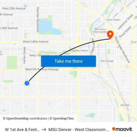 W 1st Ave & Fenton St to MSU Denver - West Classroom Building map