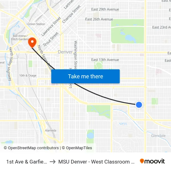 1st Ave & Garfield St to MSU Denver - West Classroom Building map