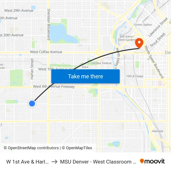 W 1st Ave & Harlan St to MSU Denver - West Classroom Building map