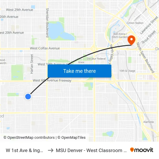 W 1st Ave & Ingalls St to MSU Denver - West Classroom Building map