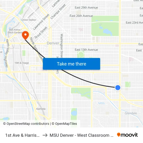 1st Ave & Harrison St to MSU Denver - West Classroom Building map