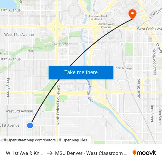 W 1st Ave & Knox Ct to MSU Denver - West Classroom Building map