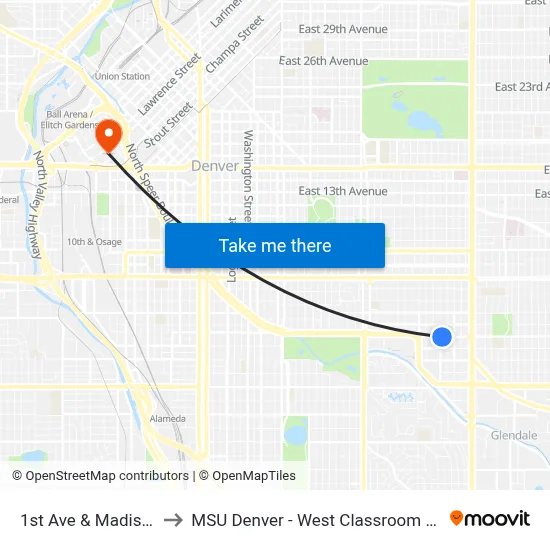 1st Ave & Madison St to MSU Denver - West Classroom Building map