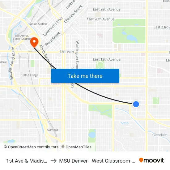 1st Ave & Madison St to MSU Denver - West Classroom Building map