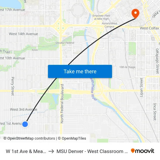 W 1st Ave & Meade St to MSU Denver - West Classroom Building map