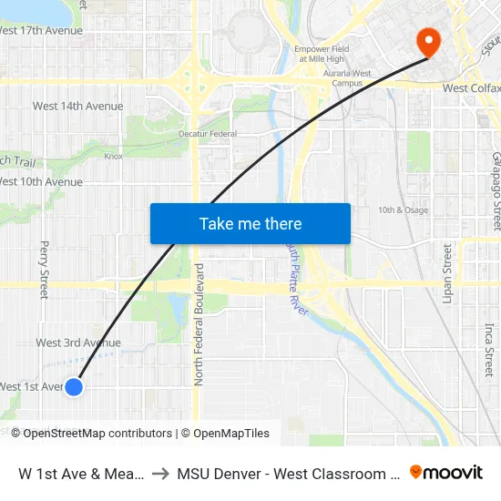 W 1st Ave & Meade St to MSU Denver - West Classroom Building map