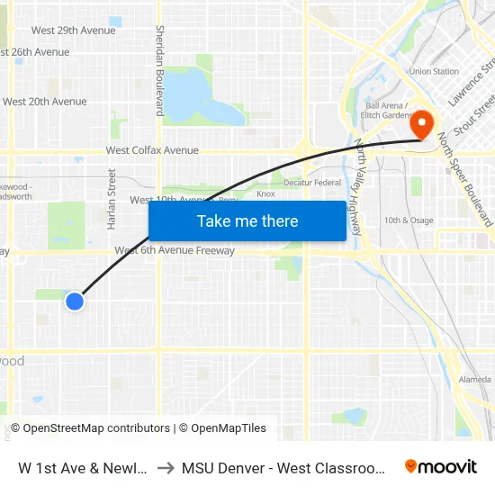 W 1st Ave & Newland St to MSU Denver - West Classroom Building map