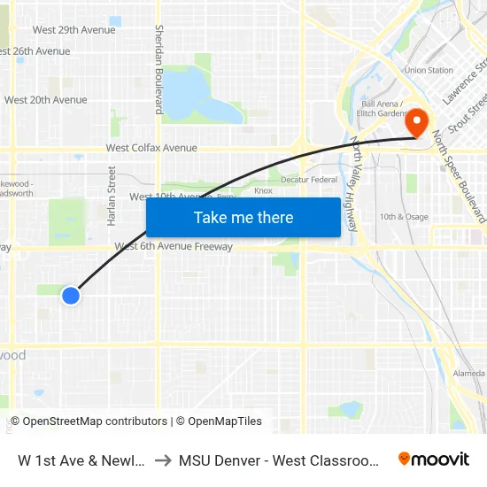 W 1st Ave & Newland St to MSU Denver - West Classroom Building map
