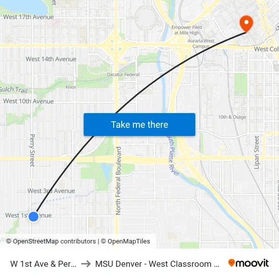 W 1st Ave & Perry St to MSU Denver - West Classroom Building map