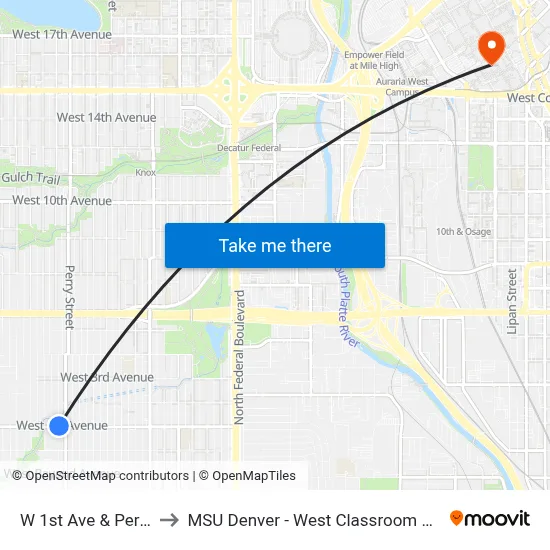 W 1st Ave & Perry St to MSU Denver - West Classroom Building map