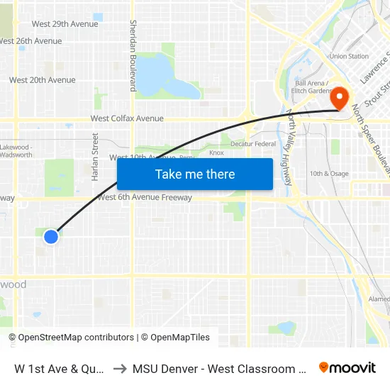 W 1st Ave & Quay St to MSU Denver - West Classroom Building map