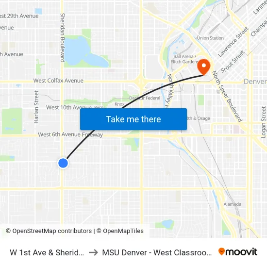 W 1st Ave & Sheridan Blvd to MSU Denver - West Classroom Building map