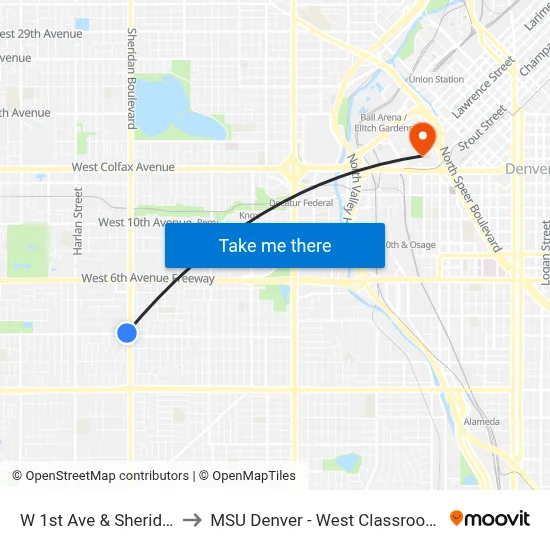 W 1st Ave & Sheridan Blvd to MSU Denver - West Classroom Building map