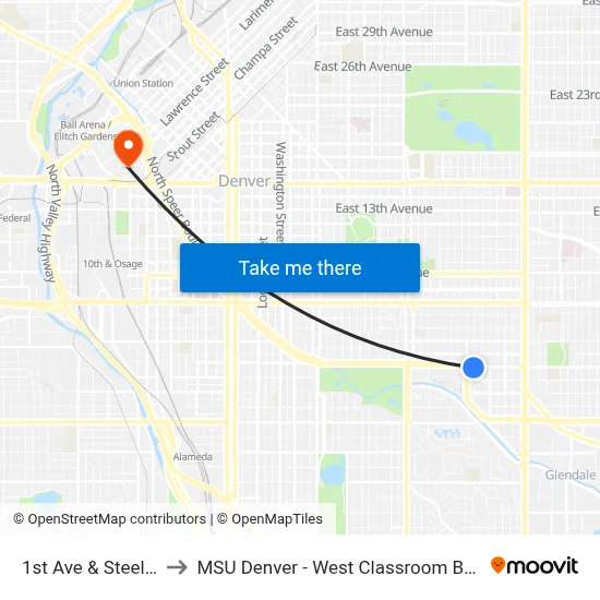 1st Ave & Steele St to MSU Denver - West Classroom Building map