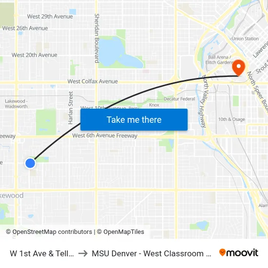W 1st Ave & Teller St to MSU Denver - West Classroom Building map