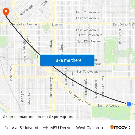 1st Ave & University Blvd to MSU Denver - West Classroom Building map