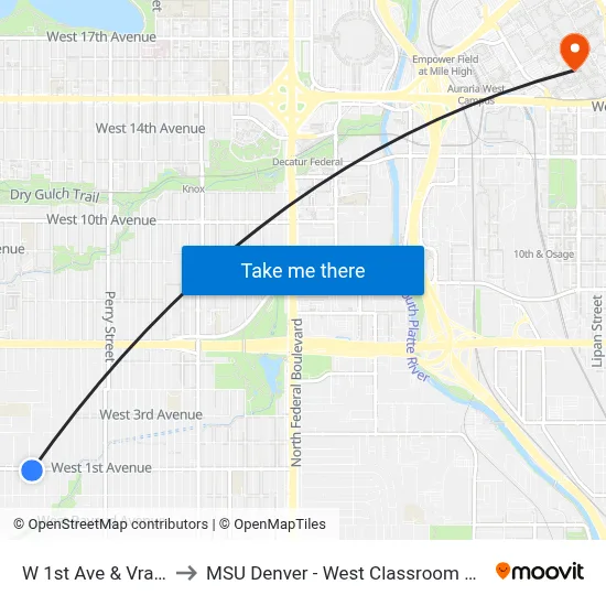 W 1st Ave & Vrain St to MSU Denver - West Classroom Building map