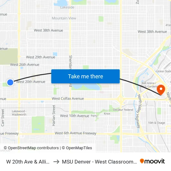 W 20th Ave & Allison St to MSU Denver - West Classroom Building map