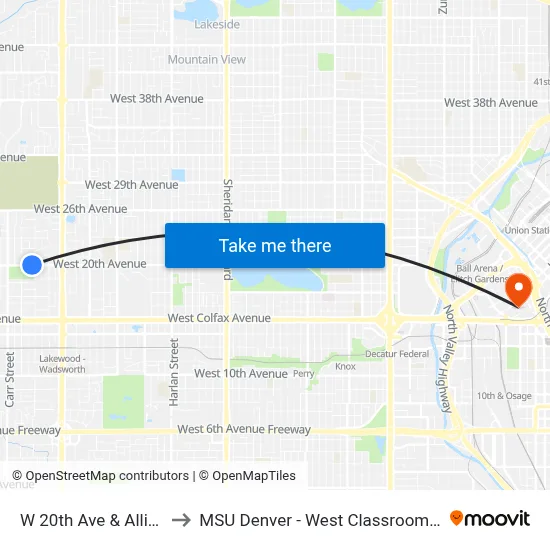 W 20th Ave & Allison St to MSU Denver - West Classroom Building map