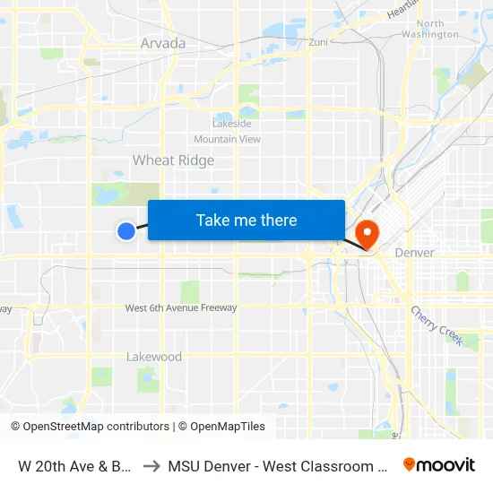 W 20th Ave & Bell Ct to MSU Denver - West Classroom Building map