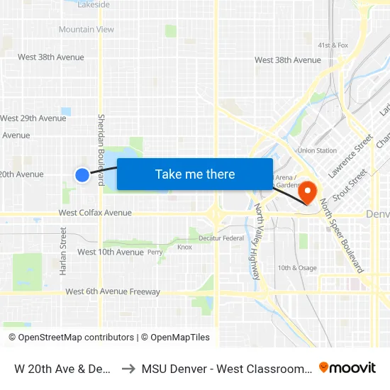 W 20th Ave & Depew St to MSU Denver - West Classroom Building map