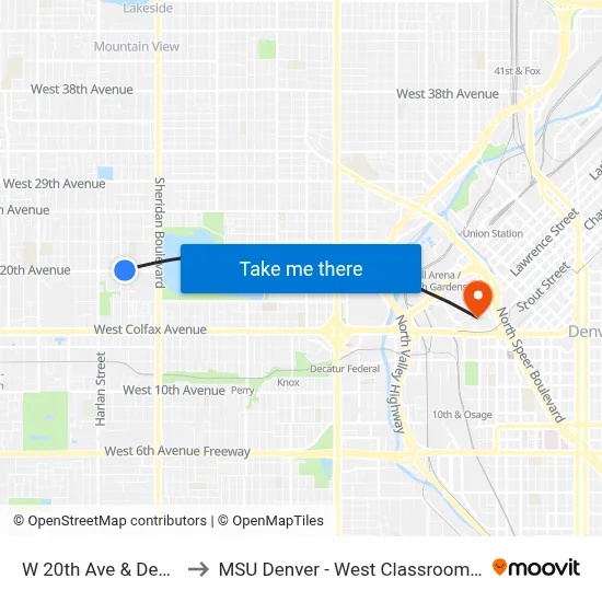W 20th Ave & Depew St to MSU Denver - West Classroom Building map