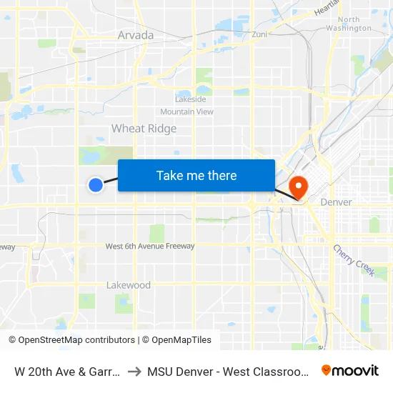 W 20th Ave & Garrison St to MSU Denver - West Classroom Building map