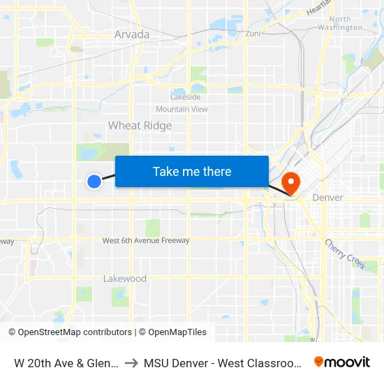 W 20th Ave & Glen Ayr Dr to MSU Denver - West Classroom Building map