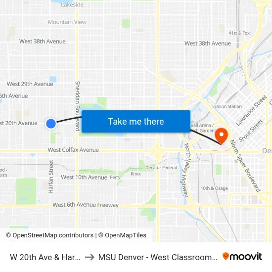 W 20th Ave & Harlan St to MSU Denver - West Classroom Building map