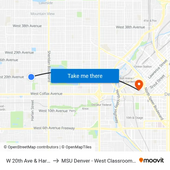 W 20th Ave & Harlan St to MSU Denver - West Classroom Building map
