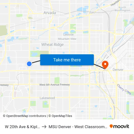 W 20th Ave & Kipling St to MSU Denver - West Classroom Building map