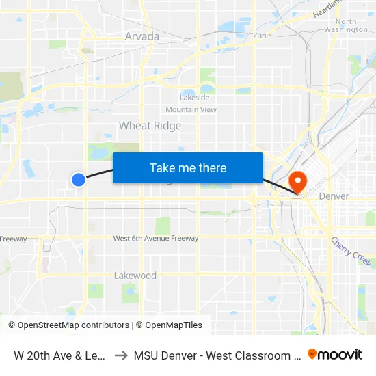 W 20th Ave & Lewis St to MSU Denver - West Classroom Building map