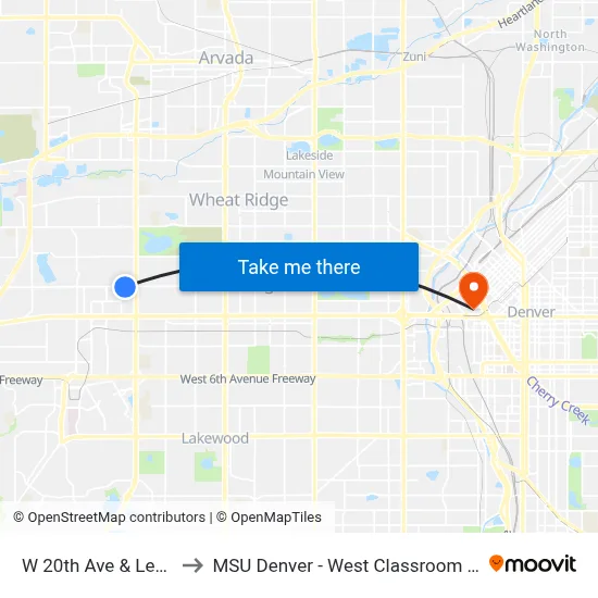 W 20th Ave & Lewis St to MSU Denver - West Classroom Building map