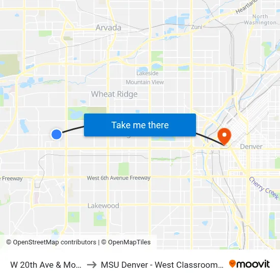 W 20th Ave & Moore St to MSU Denver - West Classroom Building map