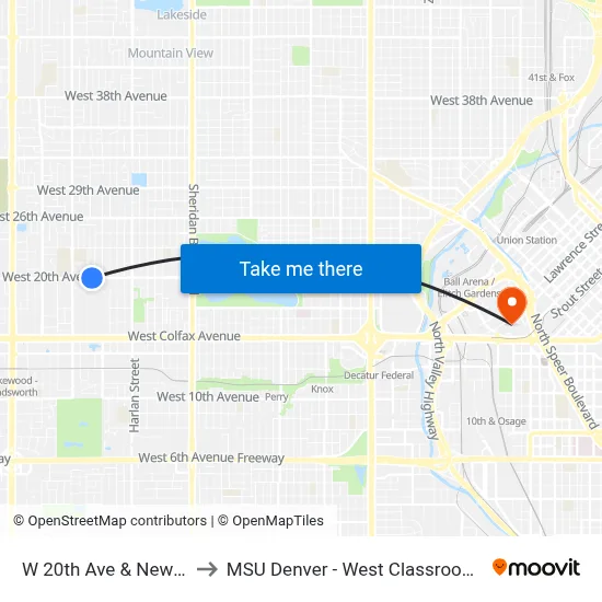 W 20th Ave & Newland St to MSU Denver - West Classroom Building map