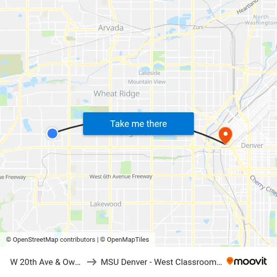 W 20th Ave & Owens Ct to MSU Denver - West Classroom Building map