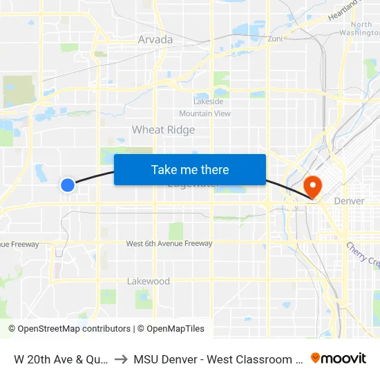 W 20th Ave & Quail Dr to MSU Denver - West Classroom Building map