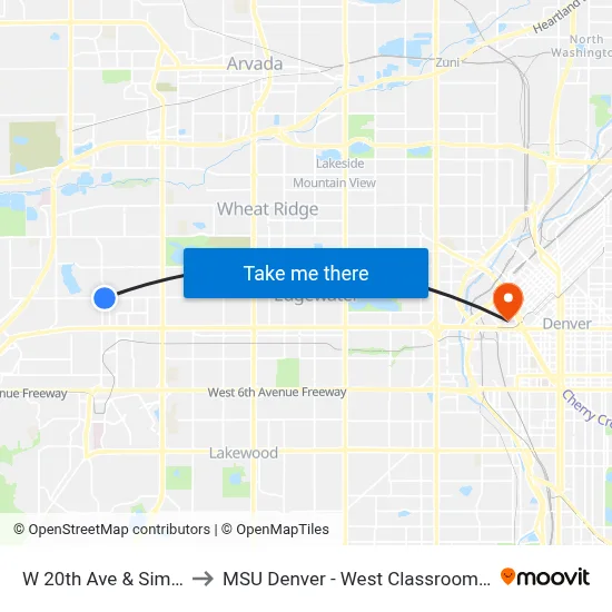 W 20th Ave & Simms St to MSU Denver - West Classroom Building map