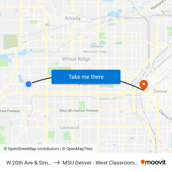 W 20th Ave & Simms St to MSU Denver - West Classroom Building map