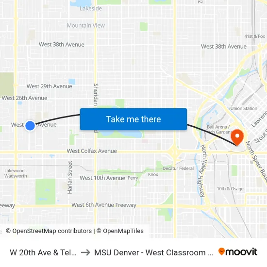 W 20th Ave & Teller St to MSU Denver - West Classroom Building map