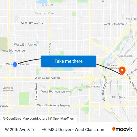 W 20th Ave & Teller St to MSU Denver - West Classroom Building map
