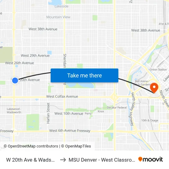W 20th Ave & Wadsworth Blvd to MSU Denver - West Classroom Building map