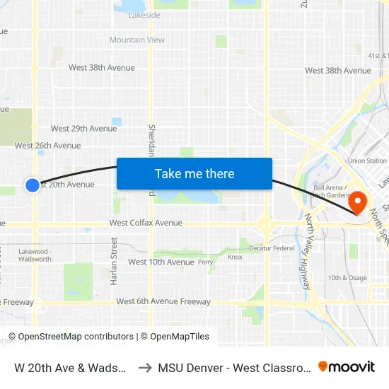 W 20th Ave & Wadsworth Blvd to MSU Denver - West Classroom Building map