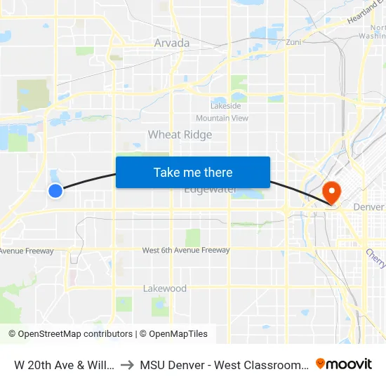 W 20th Ave & Willow Ct to MSU Denver - West Classroom Building map