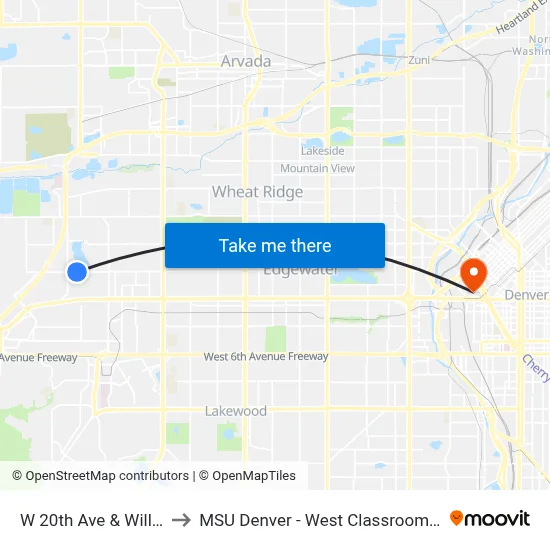 W 20th Ave & Willow Ct to MSU Denver - West Classroom Building map