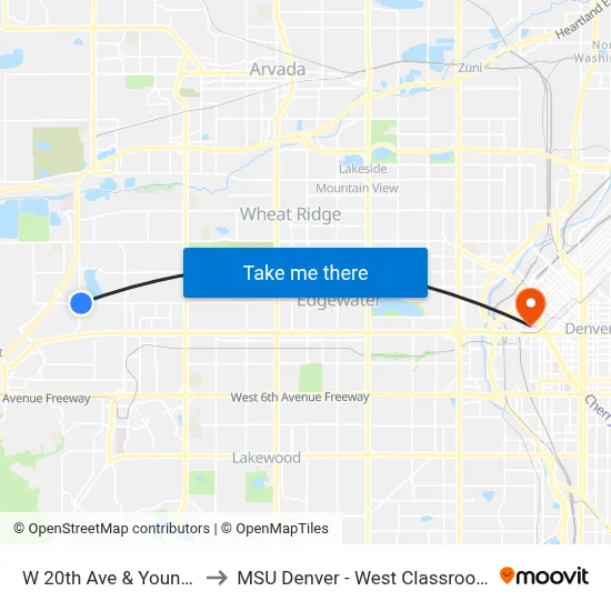 W 20th Ave & Youngfield St to MSU Denver - West Classroom Building map