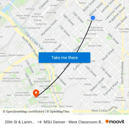 20th St & Larimer St to MSU Denver - West Classroom Building map