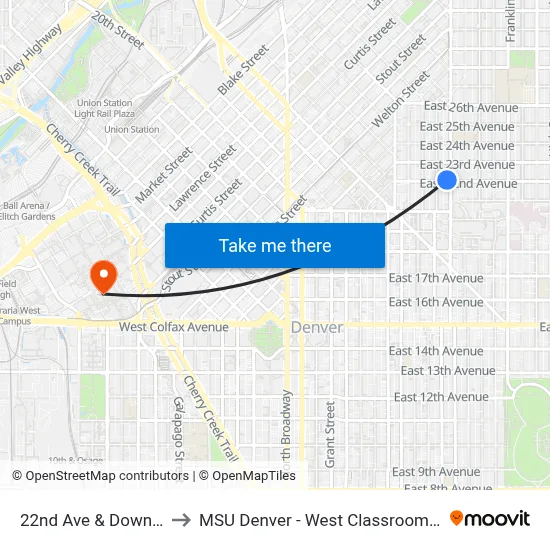 22nd Ave & Downing St to MSU Denver - West Classroom Building map